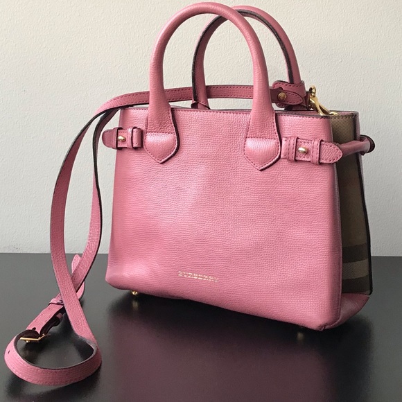 Burberry Pink House Check Leather Small Banner Top Handle Bag - Picture 1 of 6